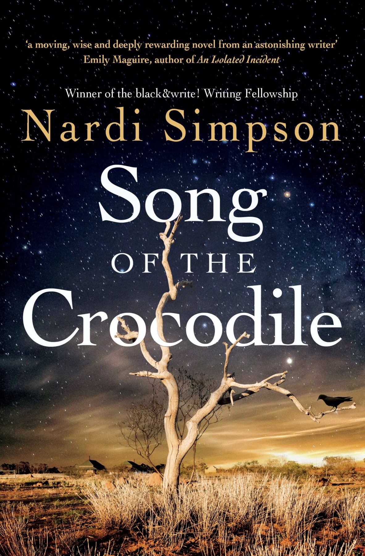 Book cover for Song of the Crocodile by Nardi Simpson. Cover includes a dying tree, and in the background a town with stars above in the nights sky.