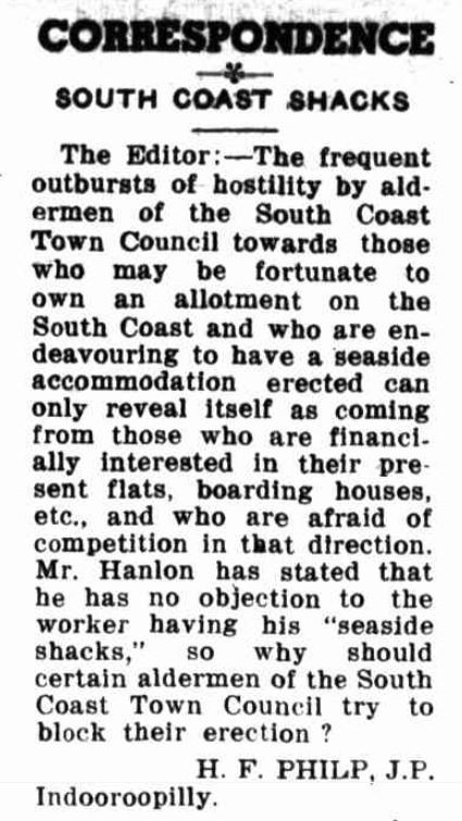 A newspaper article from Trove titled Correspondence - South Coast Shacks