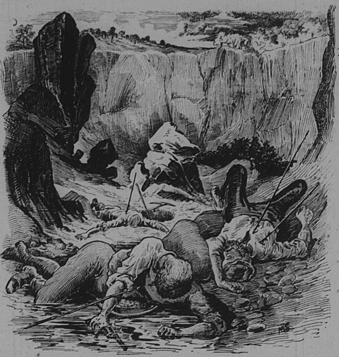 Prospectors dead atop the Mysterious Mountain. Bushman. ʻThe Mysterious Mountain.’ The Boomerang, no. 214, 1891, p. 10.