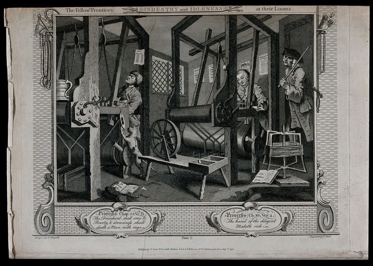 Engraving of two men weaving using large looms while a third man stands side-on to the right-hand side of image with a stick in left hand resting on left shoulder, c.1794.