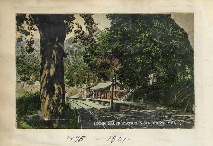 Colour tinted postcard of Spring Bluff Station, near Toowoomba, showing a small train platform nestled among trees.