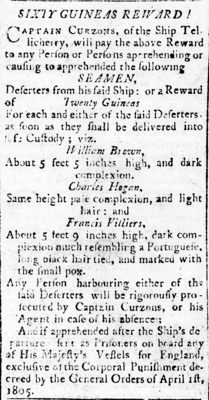 Newspaper advertisement for deserted crew from "Sydney Gazette & New South Wales Advertiser", 30 March 1806, page 4