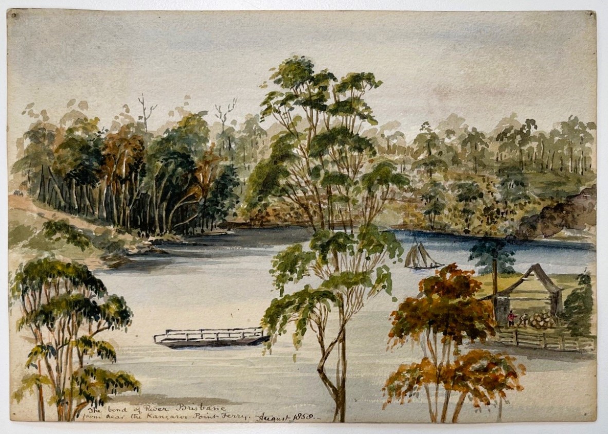 The bend of River Brisbane from near the Kangaroo Point Ferry, August 1858. Thomas Biddulph Hutton.