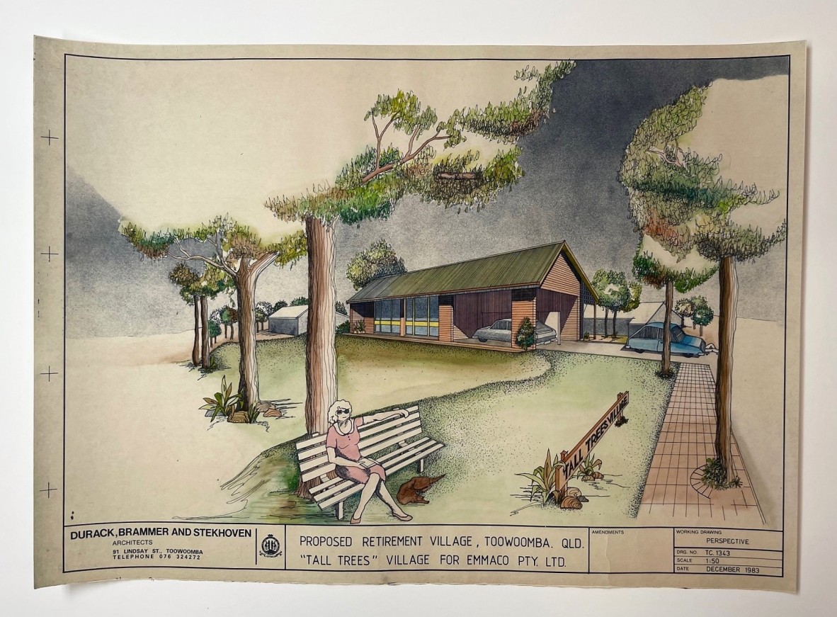 Perspective sketch for Tall Trees Retirement Village, Toowoomba, Queensland, December 1983. Durack Brammer & Stekhoven Architects.