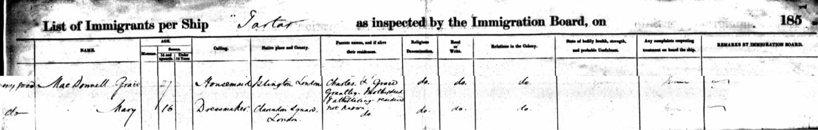 Passenger list entries for a Grace and Mary McDONNELL aboard the vessel Tartar 1852
