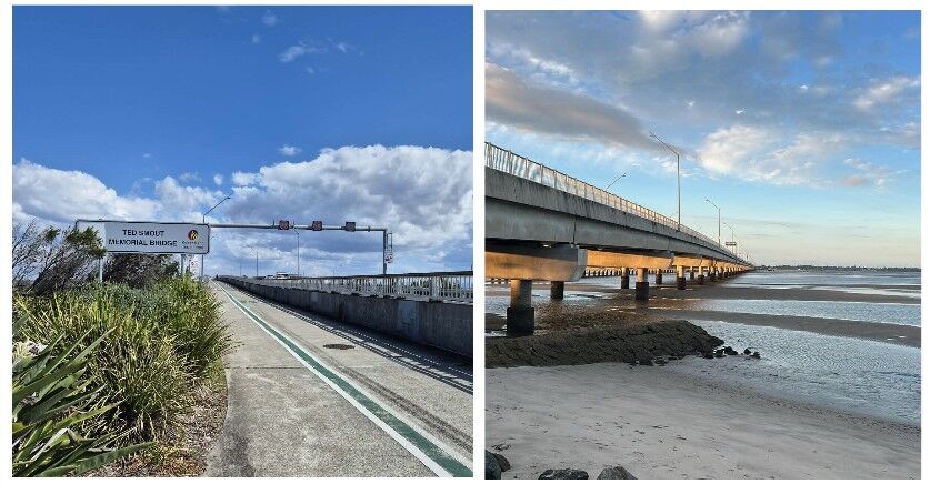 Ted Smout Memorial Bridge, a 2.74km road and pedestrian bridge that links the Brisbane suburb of Brighton to the Redcliffe suburb of Clontarf.