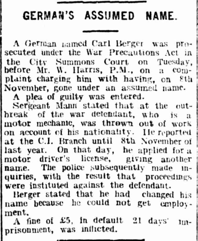 Newspaper item from The Telegraph Brisbane 10 May 1917 page 4 detailing a court case where German was prosecuted for going under an assumed name