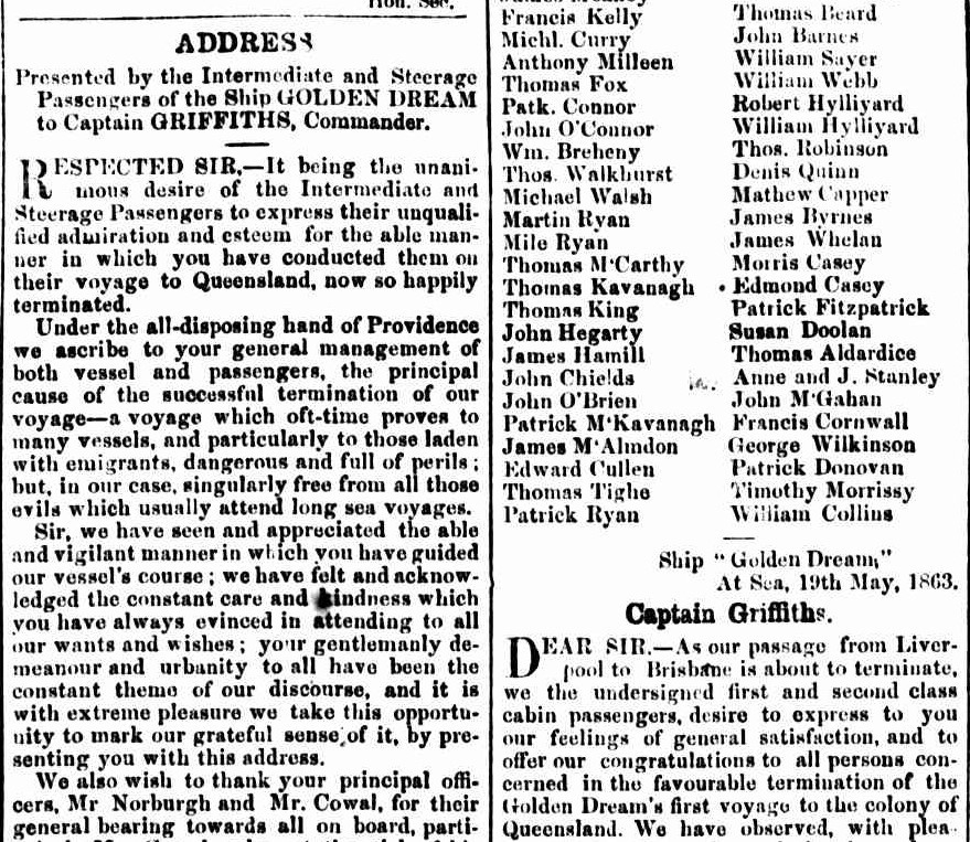 Newspaper extract with a testimonial to Captain Griffiths of the ship Golden Dream 1863