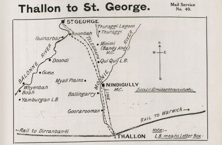 Line map showing Cobb and Co coach routes between St George and Thallon (Mail Service No. 40). In the centre of the map is the stop for Nindigully.
