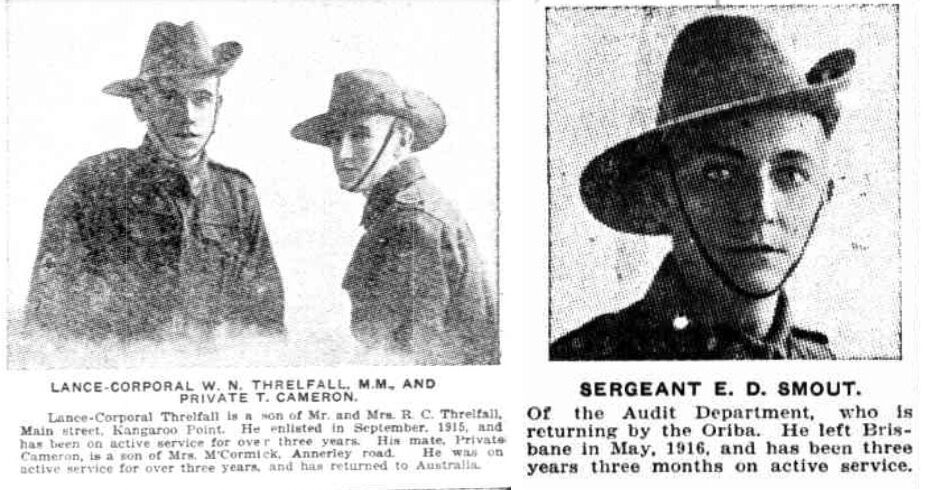 Lance Corporal W.N. Threlfall, M.M. and Private T. Cameron and Sergeant E.D. Smout.