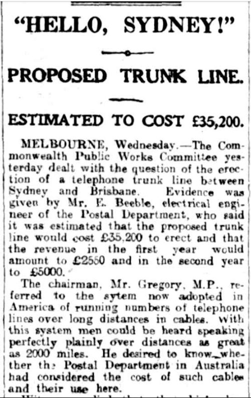 Newspaper article with title "Hello, Sydney!" Proposed trunk line, from The Daily Mail, 5 May 1921, p 9