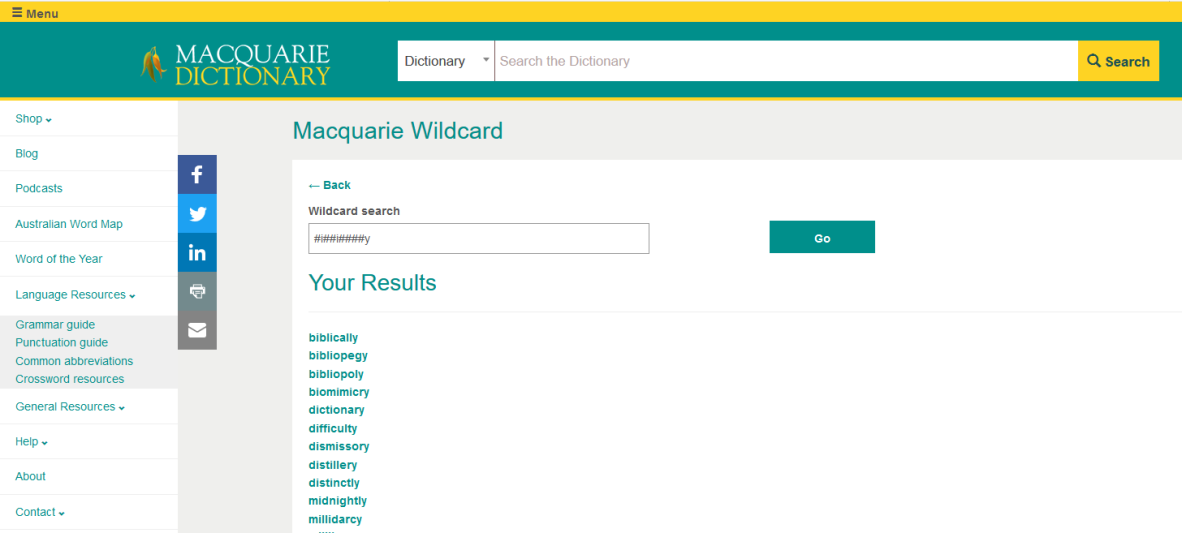 The Macquarie Dictionary Online  - wildcard page