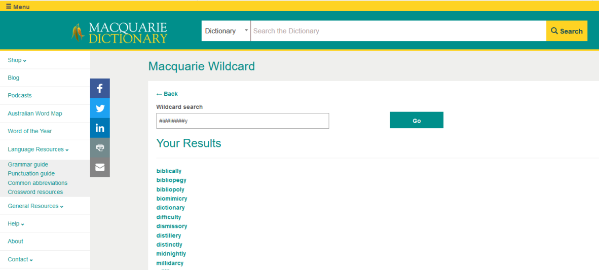 The Macquarie Dictionary Online - wildcard page