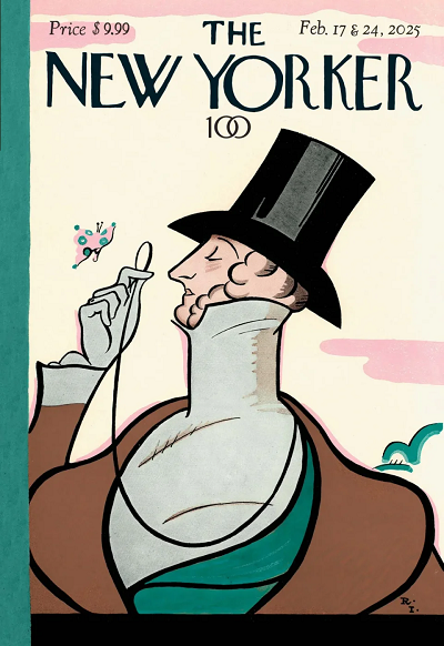 Cartoon drawing of man in 19th century clothing on cover of The New Yorker