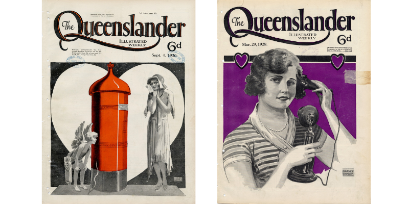 Two illustrated covers from The Queenslander related to romance.