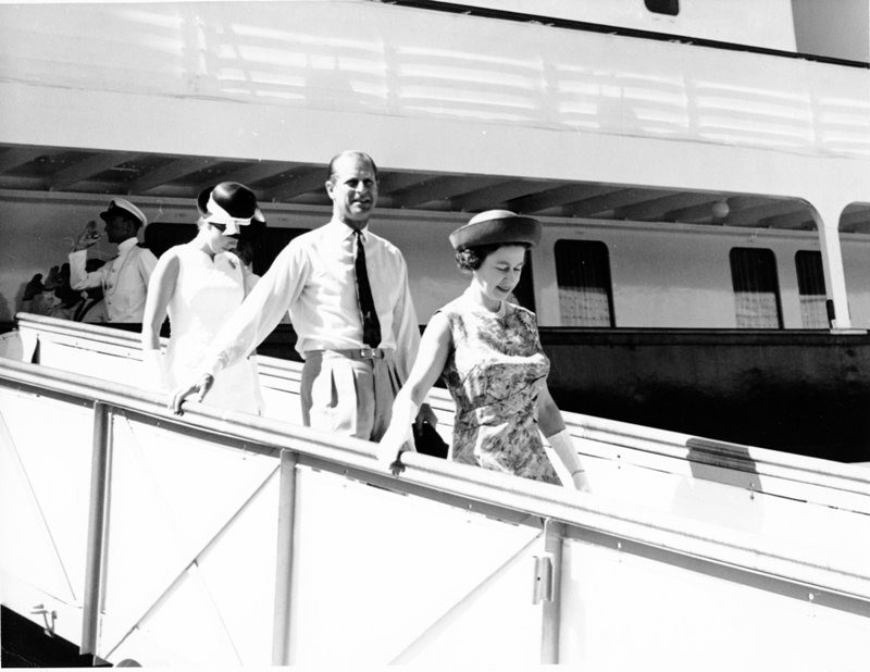 HRH Queen Elizabeth II, HRH Prince Philip and HRH Princess Anne disembark from the Britannia, Townsville Harbour.