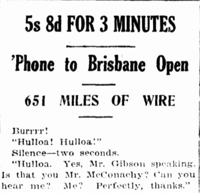 Newspaper article with title 5s 8d for 3 minutes 'phone to Brisbane open, from The Sun, 10 October 1923, p 8