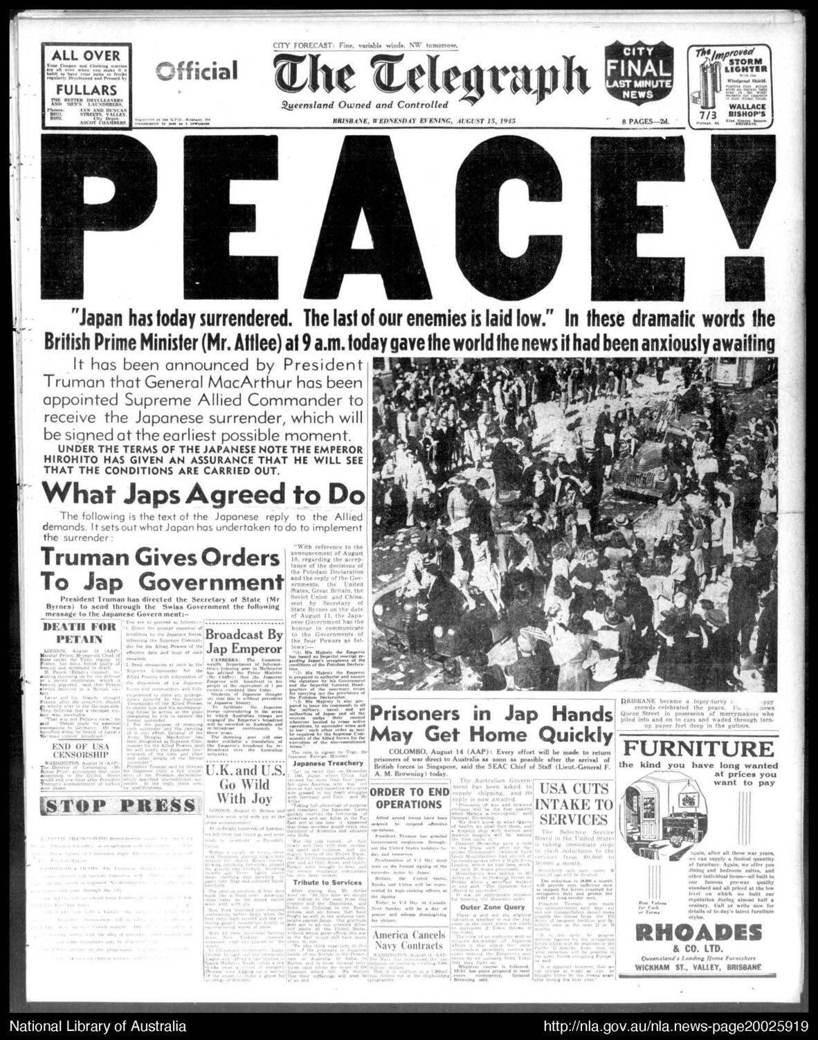 Front page of The Telegraph newspaper with the word Peace! in large type