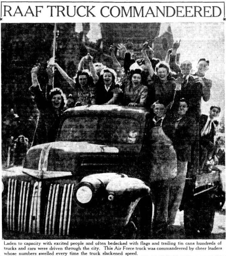 Black and white newspaper clipping with title RAAF truck commandeered and a group of smiling, waving young people on the back