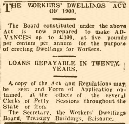 A newspaper article detailing the Workers' Dwelling Act of 1909