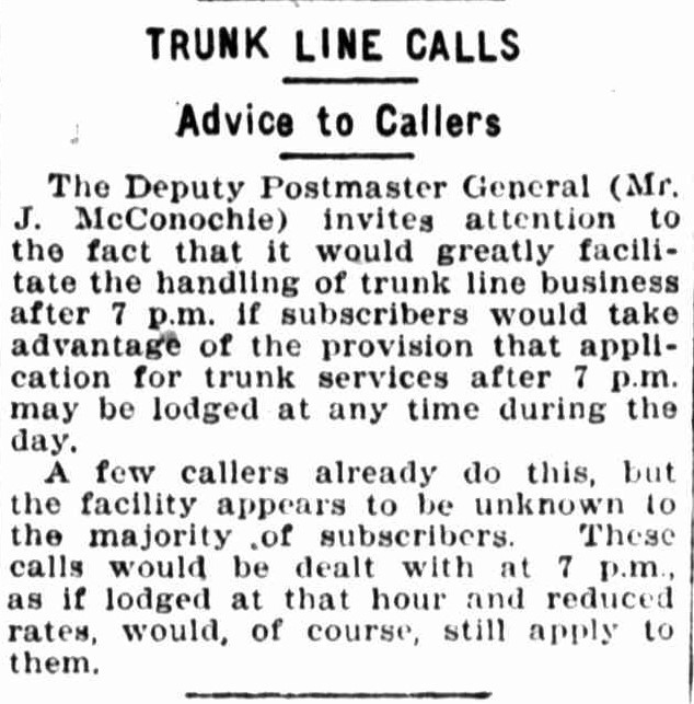 Newspaper article with title Trunk line calls: Advice to callers, from The Telegraph, 30 January 1923, p 6