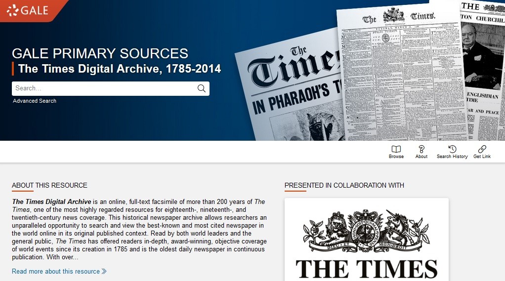 Image of home page of The Times Digital Archive database