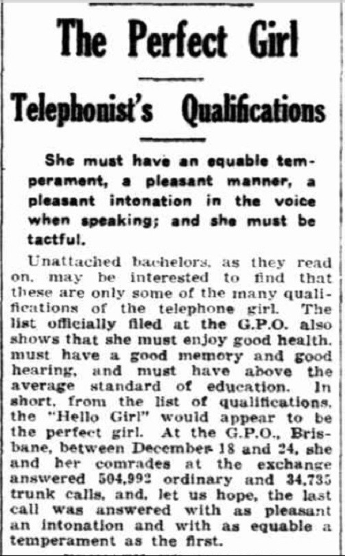 Newspaper article with title The Perfect Girl: Telephonist's qualifications from The Week, 1 January 1926, p 15