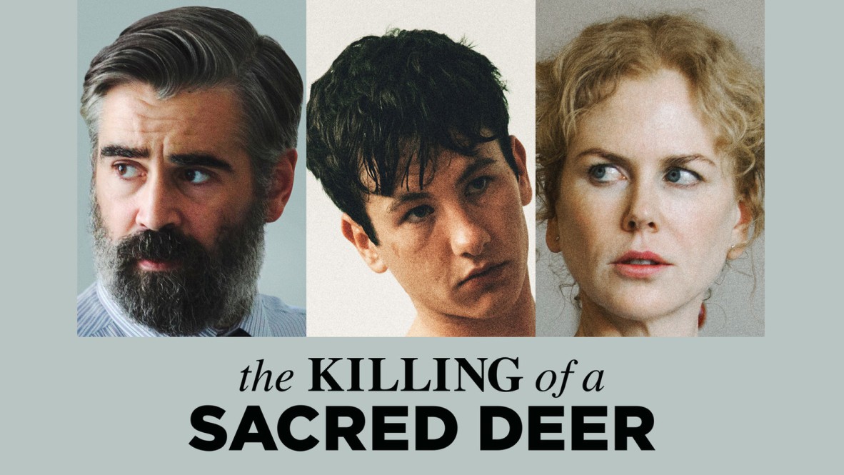 Three portrait photographs of a bearded man young man with dark hair and blond woman All are looking sideways Underneath is the title The killing of a sacred deer