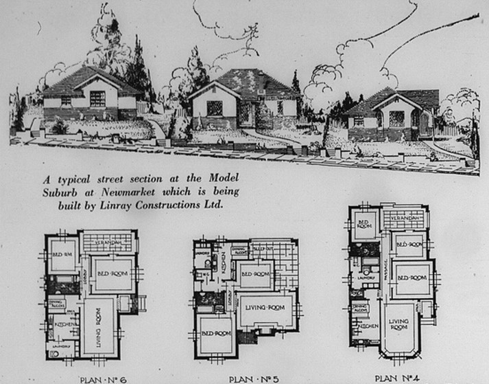 Sketches of three Linray homes in the model suburb at Newmarket, as well as three house plans