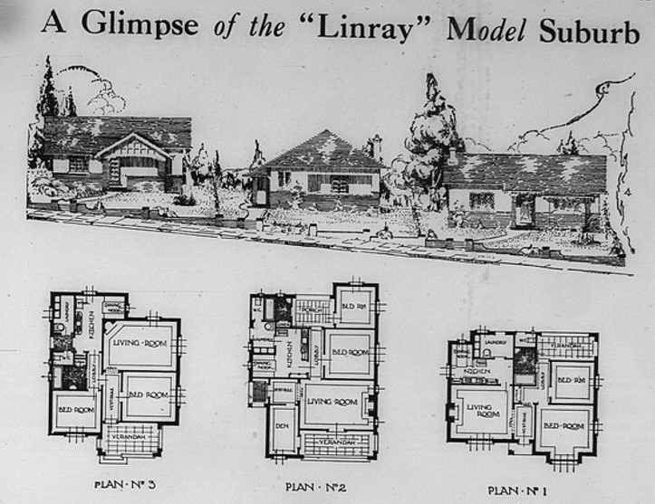 Advertisement for the "Linray" model suburb - sketch of three houses and three house plans.