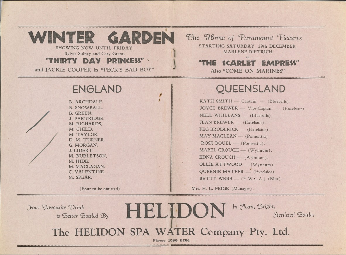 Souvenir and official programme of the visit of the English Women Cricketers to Queensland 1934-35. Centre page showing Mabel and Edna Crouch name.