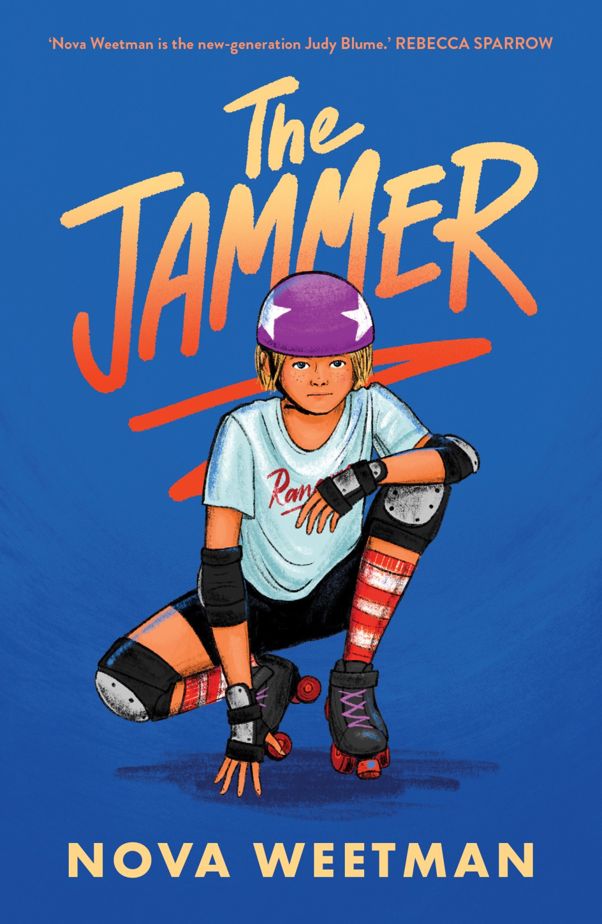 Cover of The Jammer by Nova Weetman The cover is blue and an illustration of a blonde girl wearing roller skates and helmet is on the front