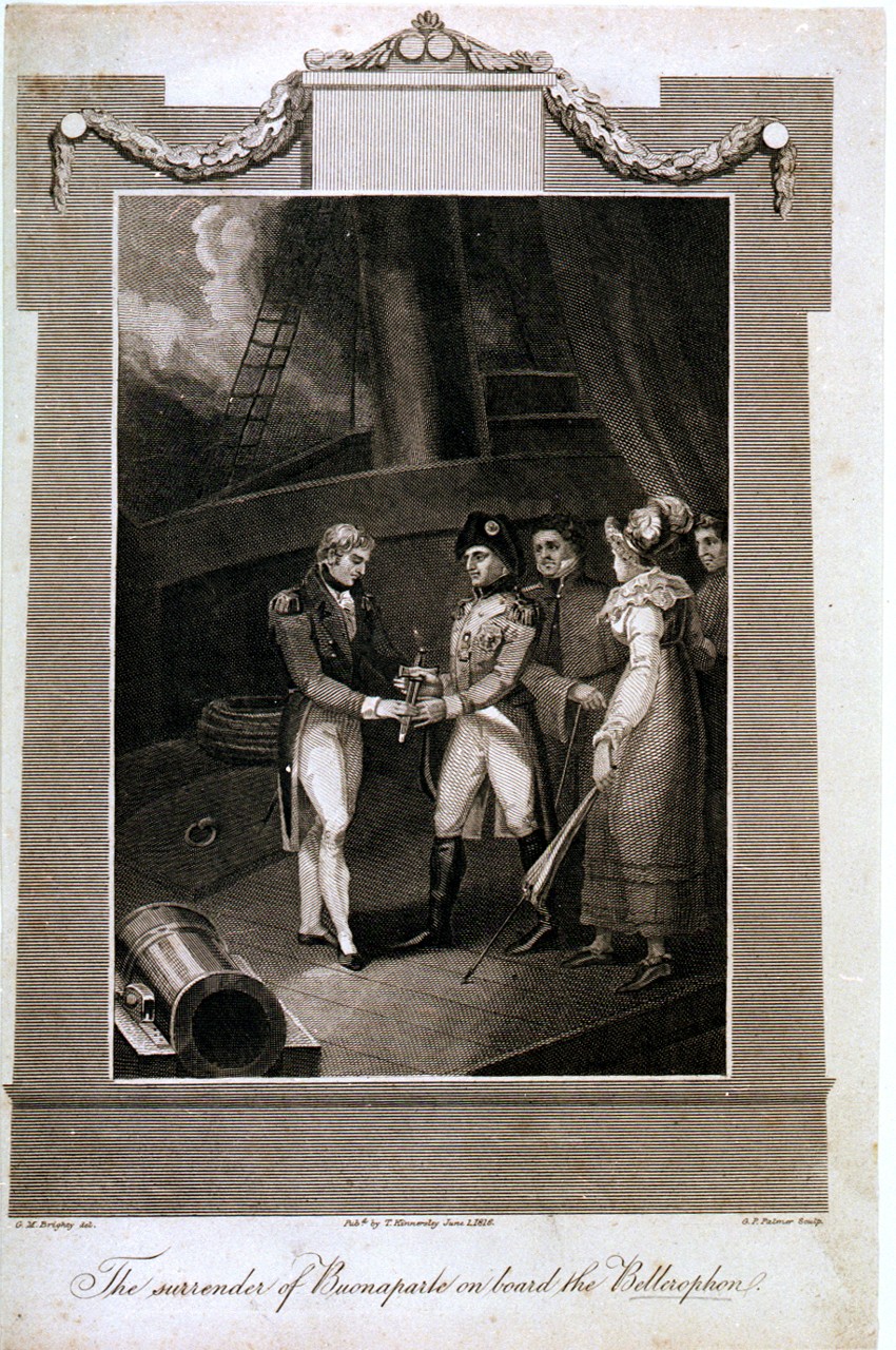 The surrender of Buonaparte on board the Bellerophon, a popular, and somewhat stylised, 1816 print by G. M. Brighty, showing the moment of Napoleon's surrender to Captain Maitland.