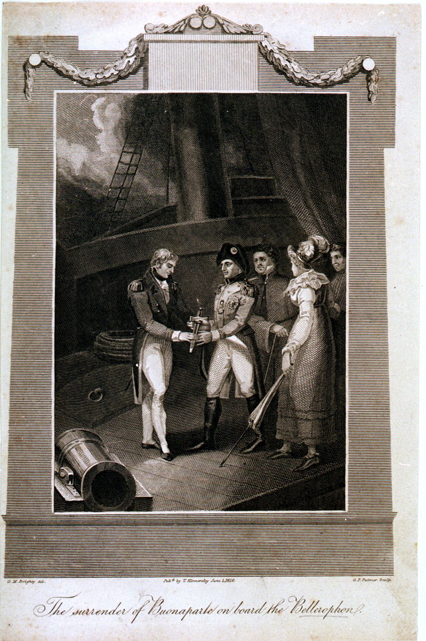 The surrender of Buonaparte on board the Bellerophon a popular and somewhat stylised 1816 print by G M Brighty showing the moment of Napoleons surrender to Captain Maitland  