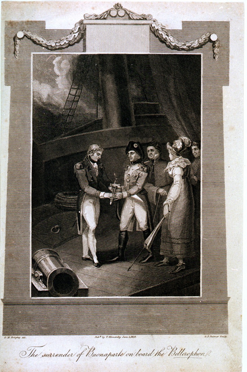 The surrender of Buonaparte on board the Bellerophon, a popular, and somewhat stylised, 1816 print by G. M. Brighty, showing the moment of Napoleon's surrender to Captain Maitland.  