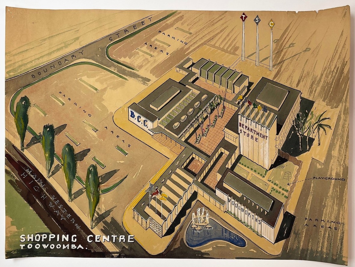 Perspective sketch for ‘Shopping Centre’, Toowoomba, Queensland, undated. Durack & Brammer Architects.