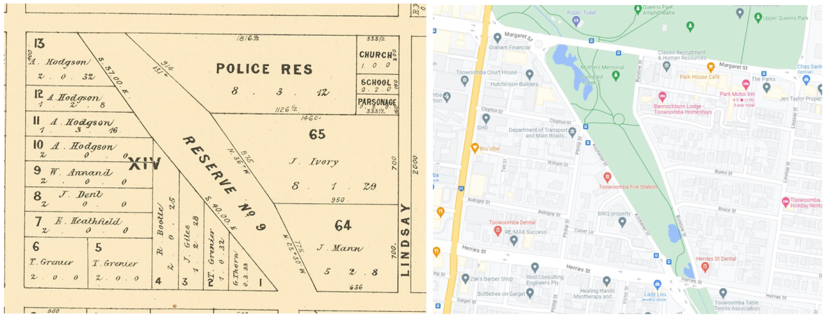 detail from 1885 Toowoomba town map next to contemporary map showing same area