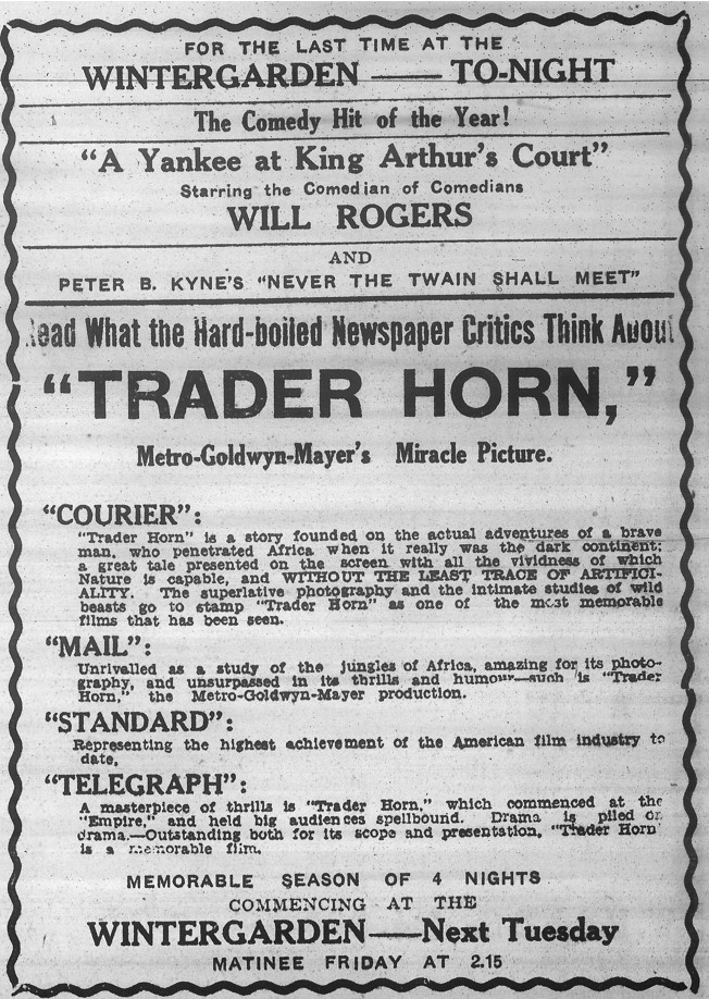 Newspaper advertisement for the movie 'Trader Horn', "The Queensland Times" 7 September 1931 p.9