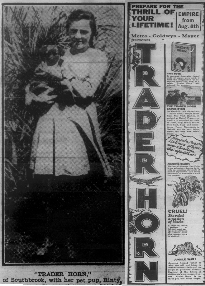 Newspaper items: Left is photo of girl standing holding her dog with the words Trader Horn underneath (1932), Advertisement for film 'Trader Horn' (1931)