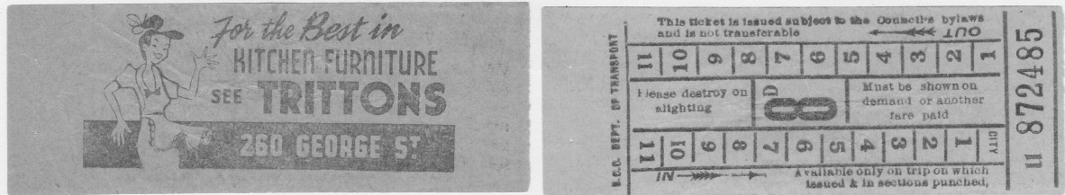 Front and back images of a tram tickets with Trittons advertising. Photo courtesy of Mary Howells