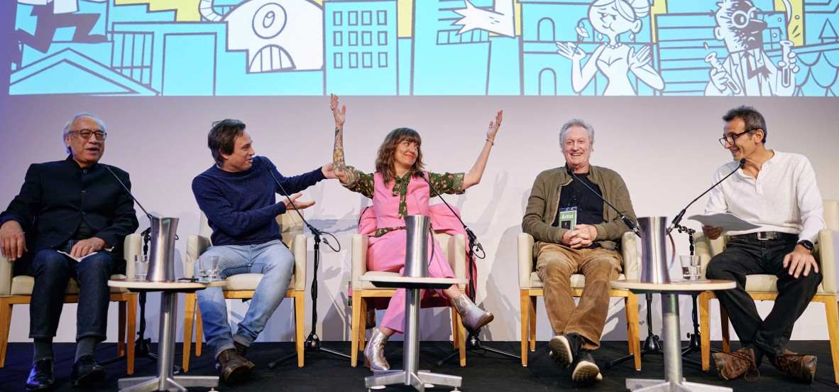 4 men and a woman on a writers festival stage