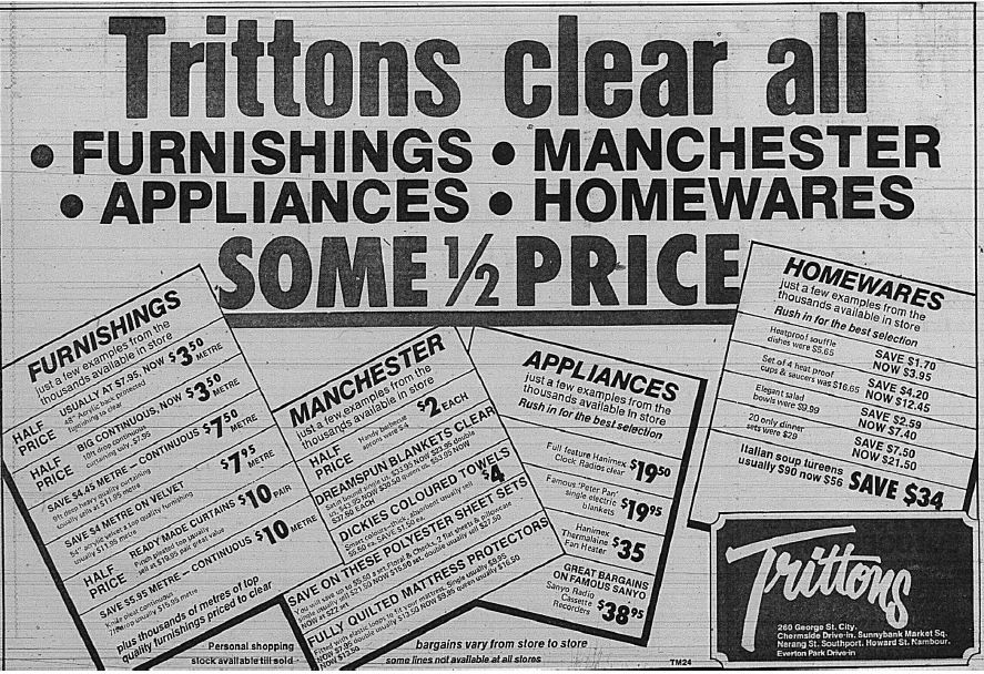 Trittons Clearance Sale, Sunday Mail, 24 May 1981, p.2 The George Street buildings were sold to SGIO on 25 May 1981.