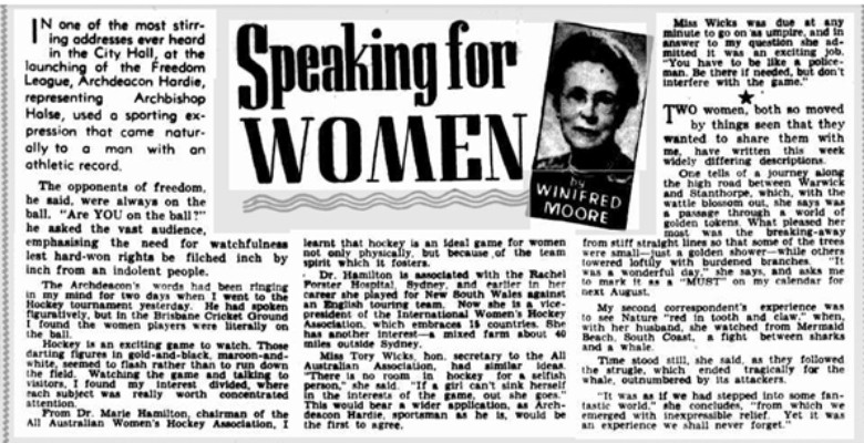 A column written by journalist, Winifred Moore called "Speaking for women"