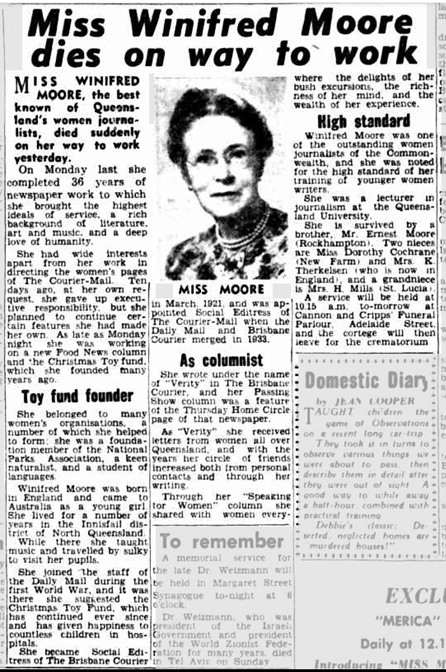An article about the death of journalist, Winifred Moore
