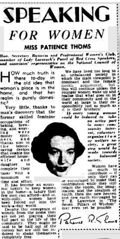 A column called "Speaking for women" by Patience Thoms about the dominance of the male view and the need for the female point of view