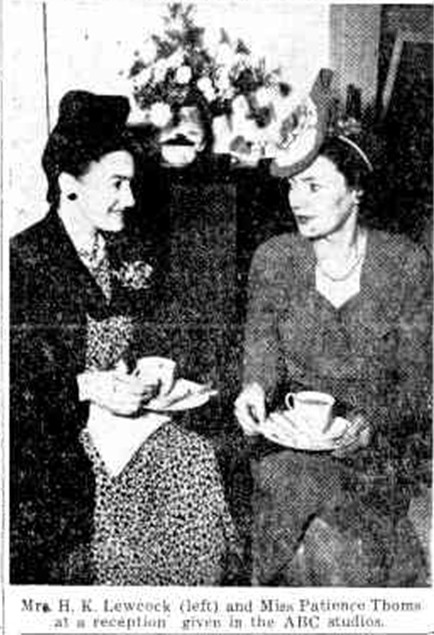 Two women, one of them Patience Thoms, having tea in the ABC Studios