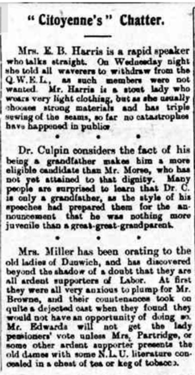 A newspaper article about Mrs E. B Harris written by Harriet Nowland