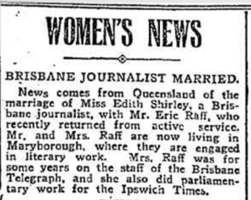A Women's News article about journalist, Edith Shirley getting married