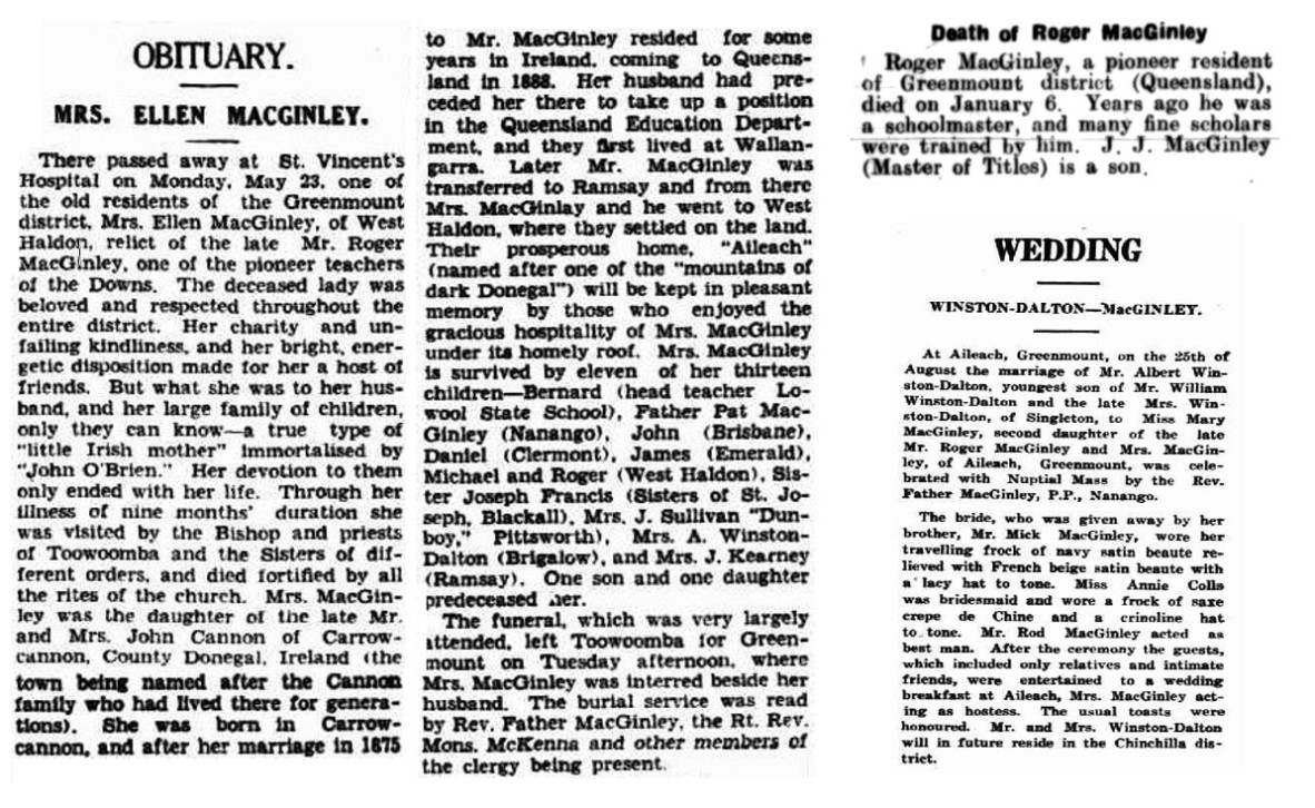 An obituary, death notice and wedding notice from newspapers