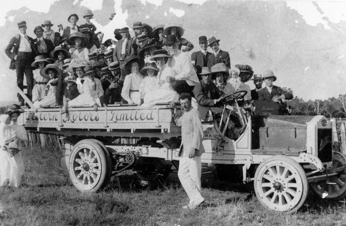 Truck load of people at a social gathering, Roma, ca. 1910